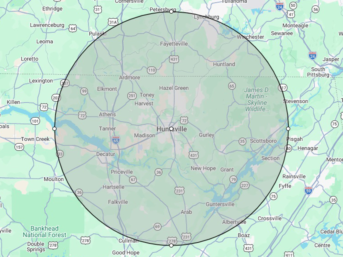 Michael Hancock & Associates service area map centered on Huntsville Alabama